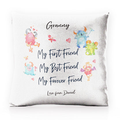 Personalised Glitter Cushion with Stylish Text and Forever Friend Monster Message