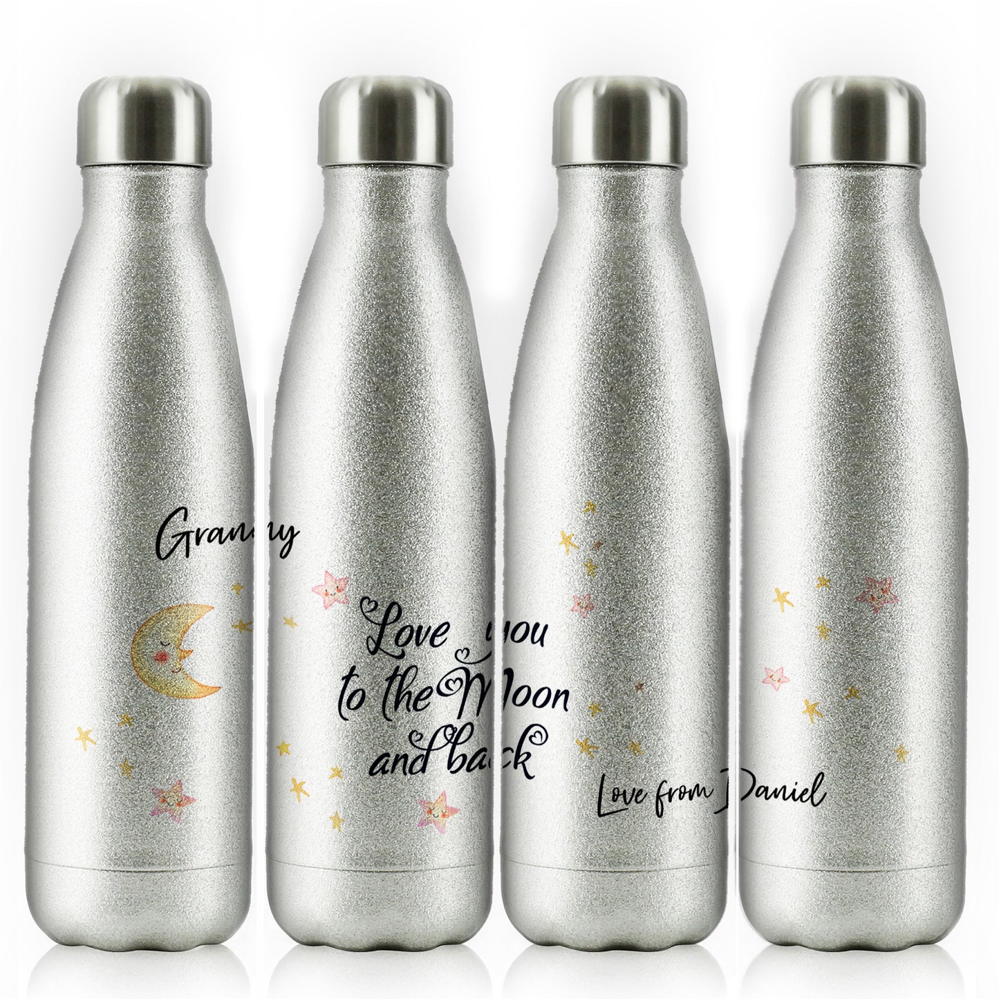 Personalisierte Cola-Flasche mit stilvollem Text und Mond-Liebesbotschaft