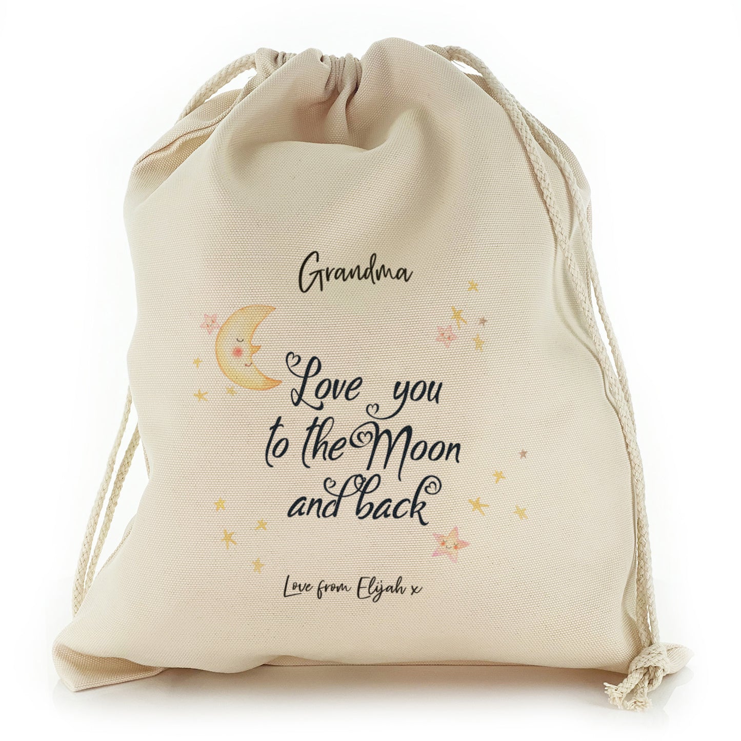Personalised Canvas Sack with Stylish Text and Moon Love Message
