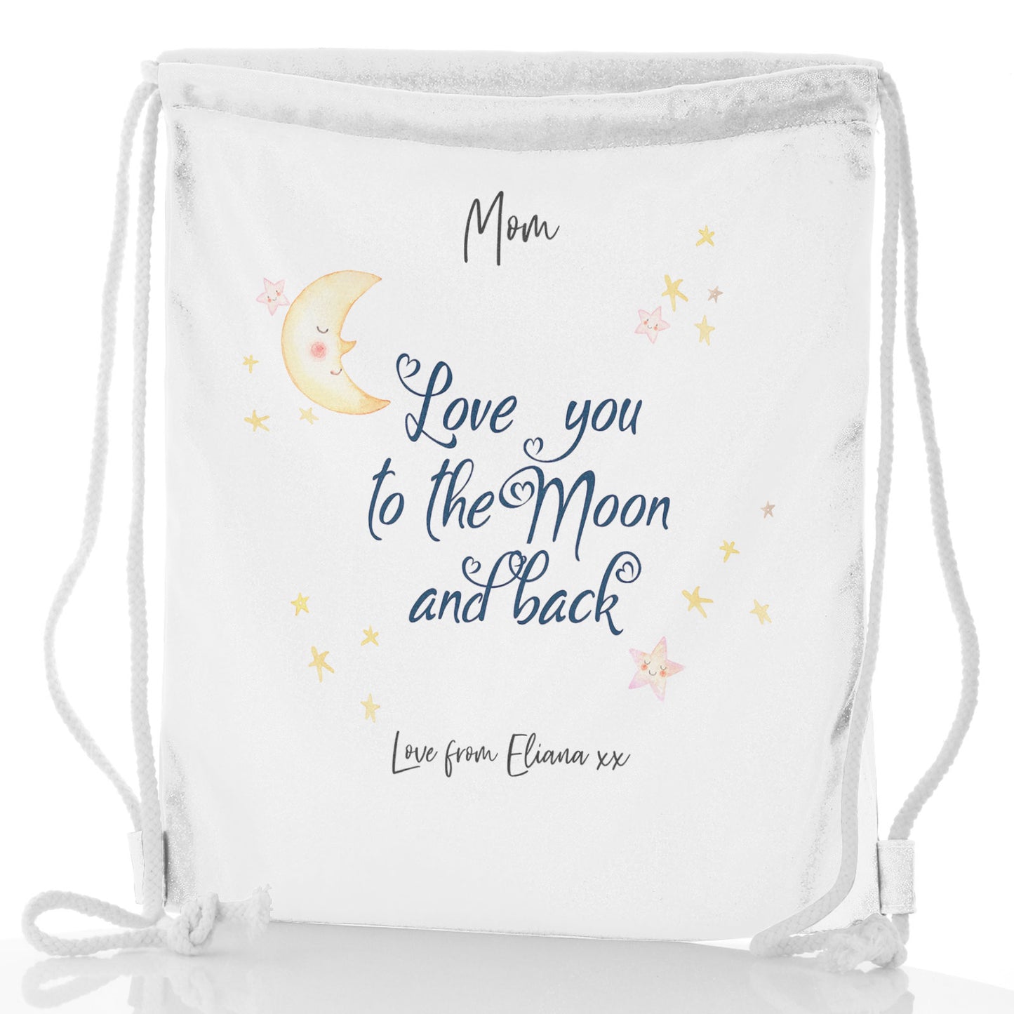 Personalised Glitter Drawstring Backpack with Stylish Text and Moon Love Message