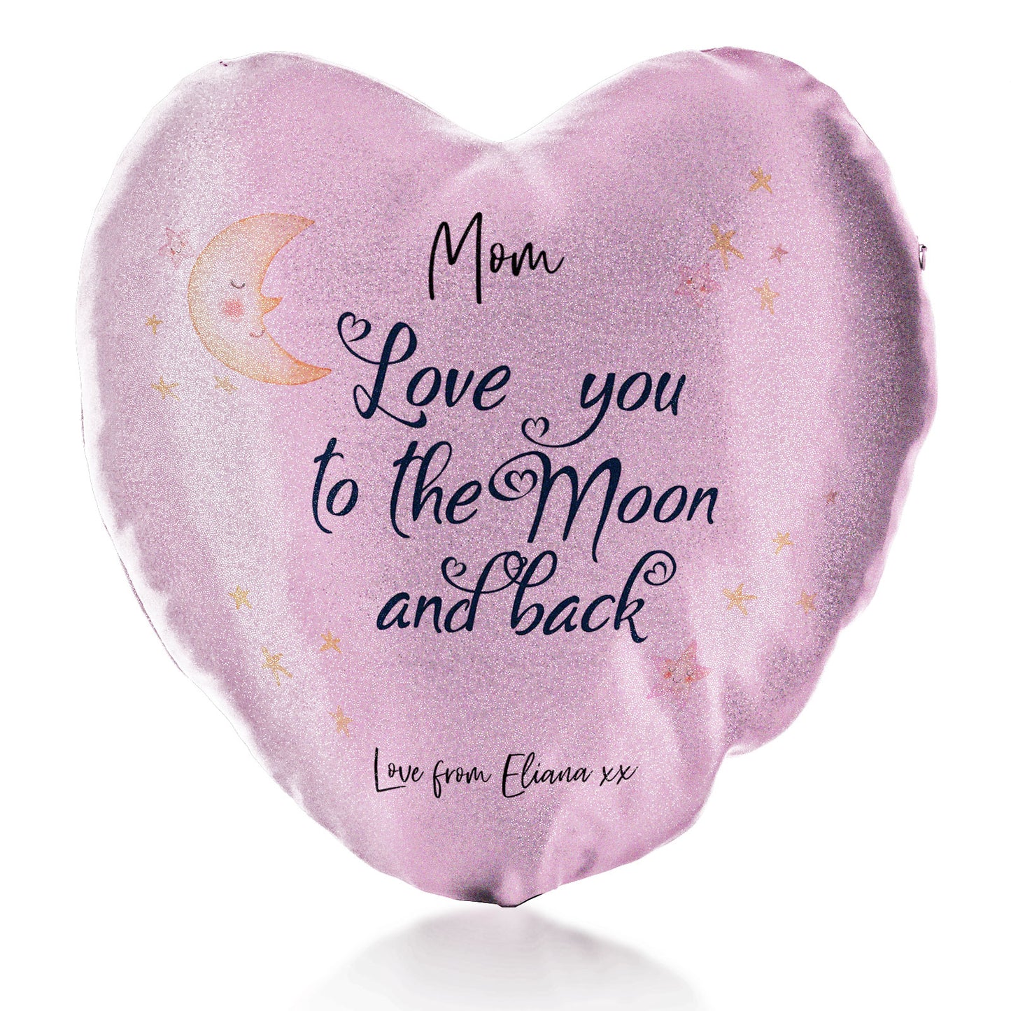 Personalisiertes Glitzer-Herzkissen mit stilvollem Text und Mond-Liebesbotschaft