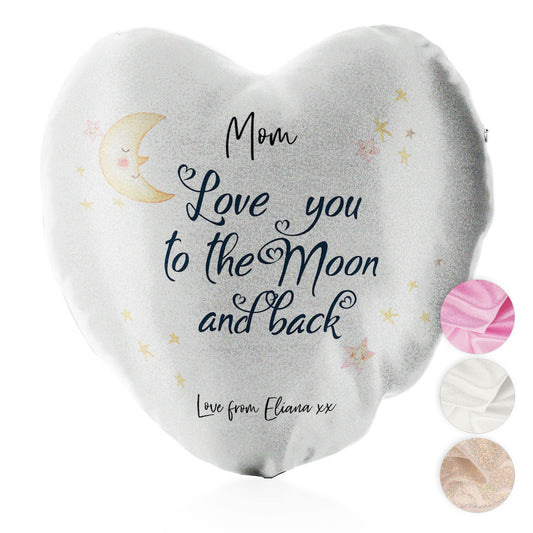 Personalised Glitter Heart Cushion with Stylish Text and Moon Love Message