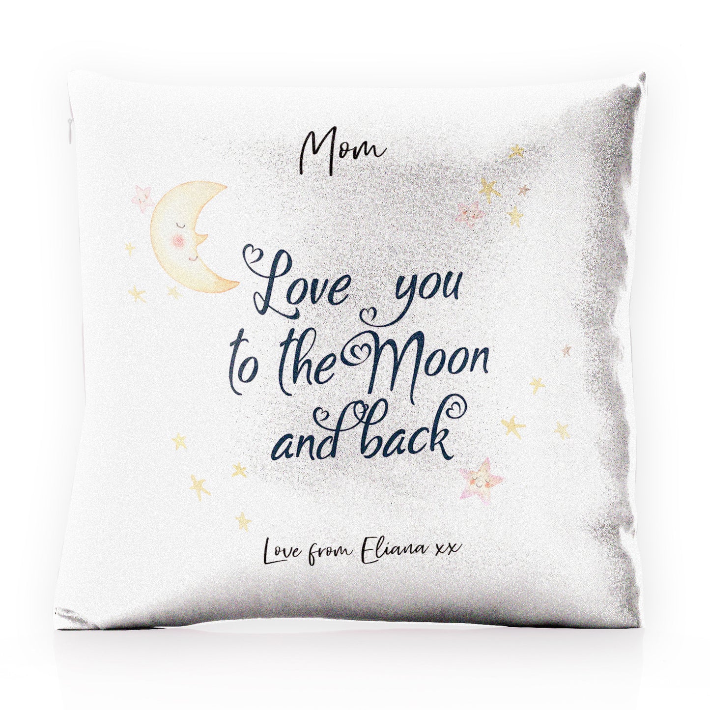 Personalised Glitter Cushion with Stylish Text and Moon Love Message