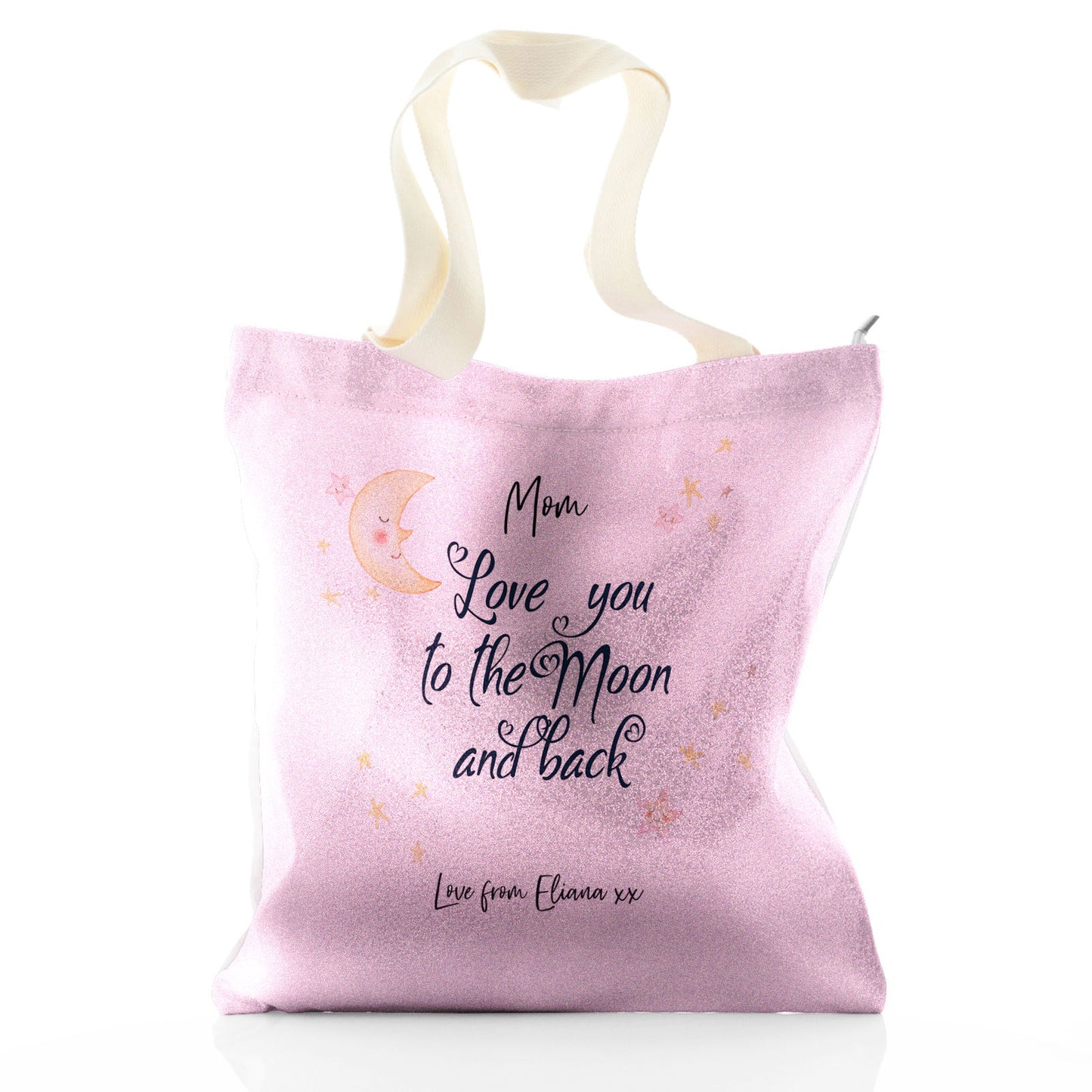Personalised Glitter Tote Bag with Stylish Text and Moon Love Message