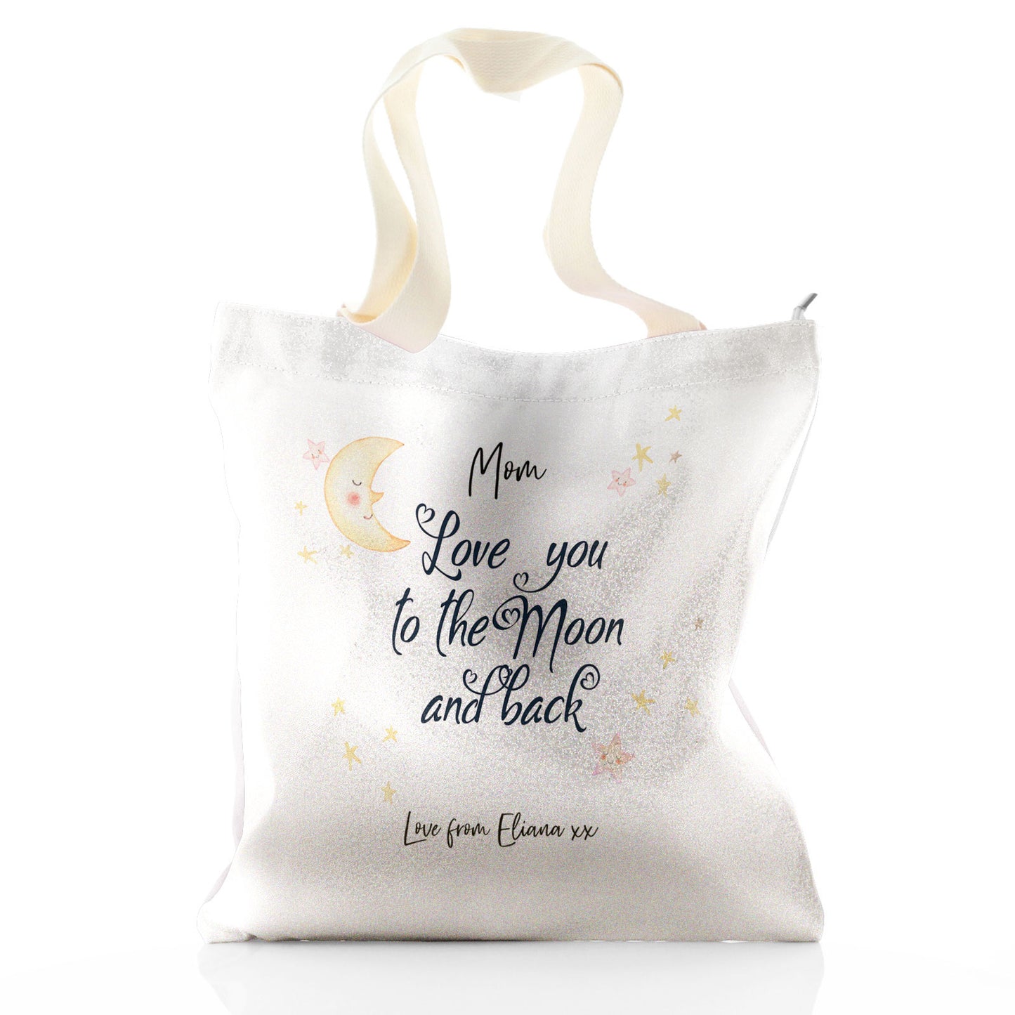 Personalisierte Glitzer-Einkaufstasche mit stilvollem Text und Mond-Liebesbotschaft