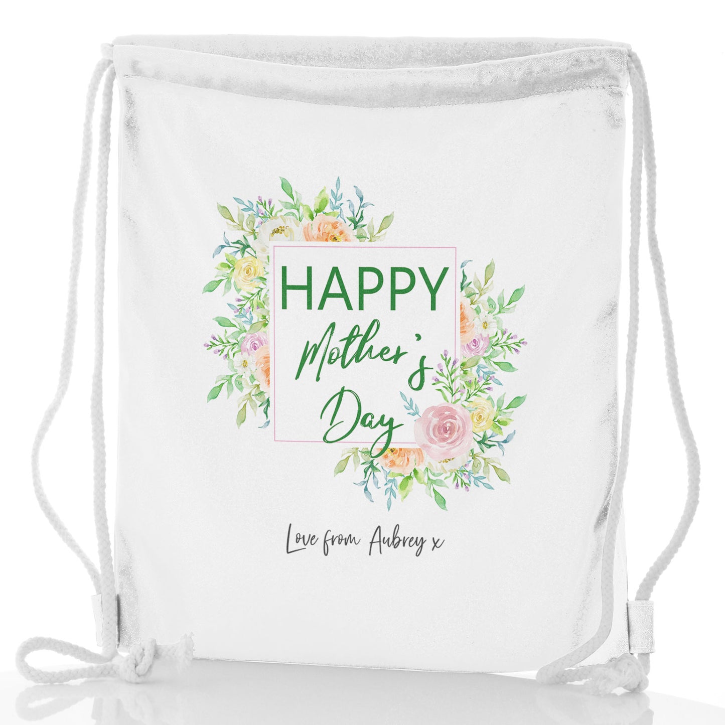 Personalisierter Glitzer-Rucksack mit Kordelzug, stilvollem Text und floraler Muttertagsbotschaft