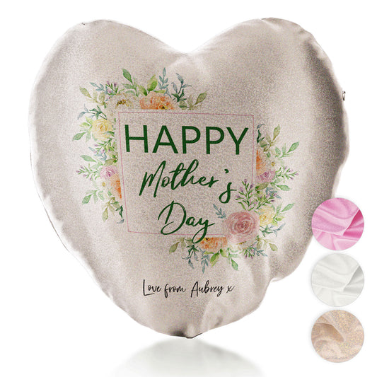 Personalised Glitter Heart Cushion with Stylish Text and Floral Mother’s Day Message