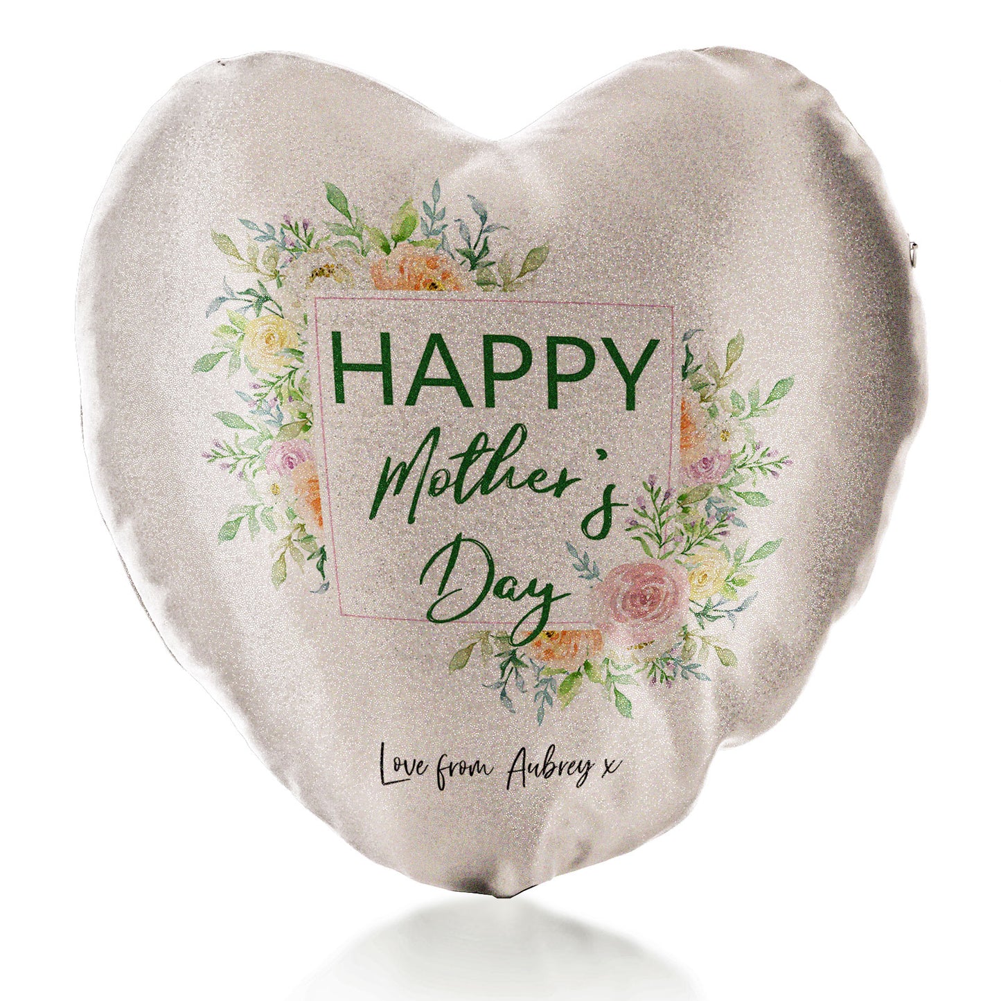 Personalisiertes Glitzer-Herzkissen mit stilvollem Text und floraler Muttertagsbotschaft