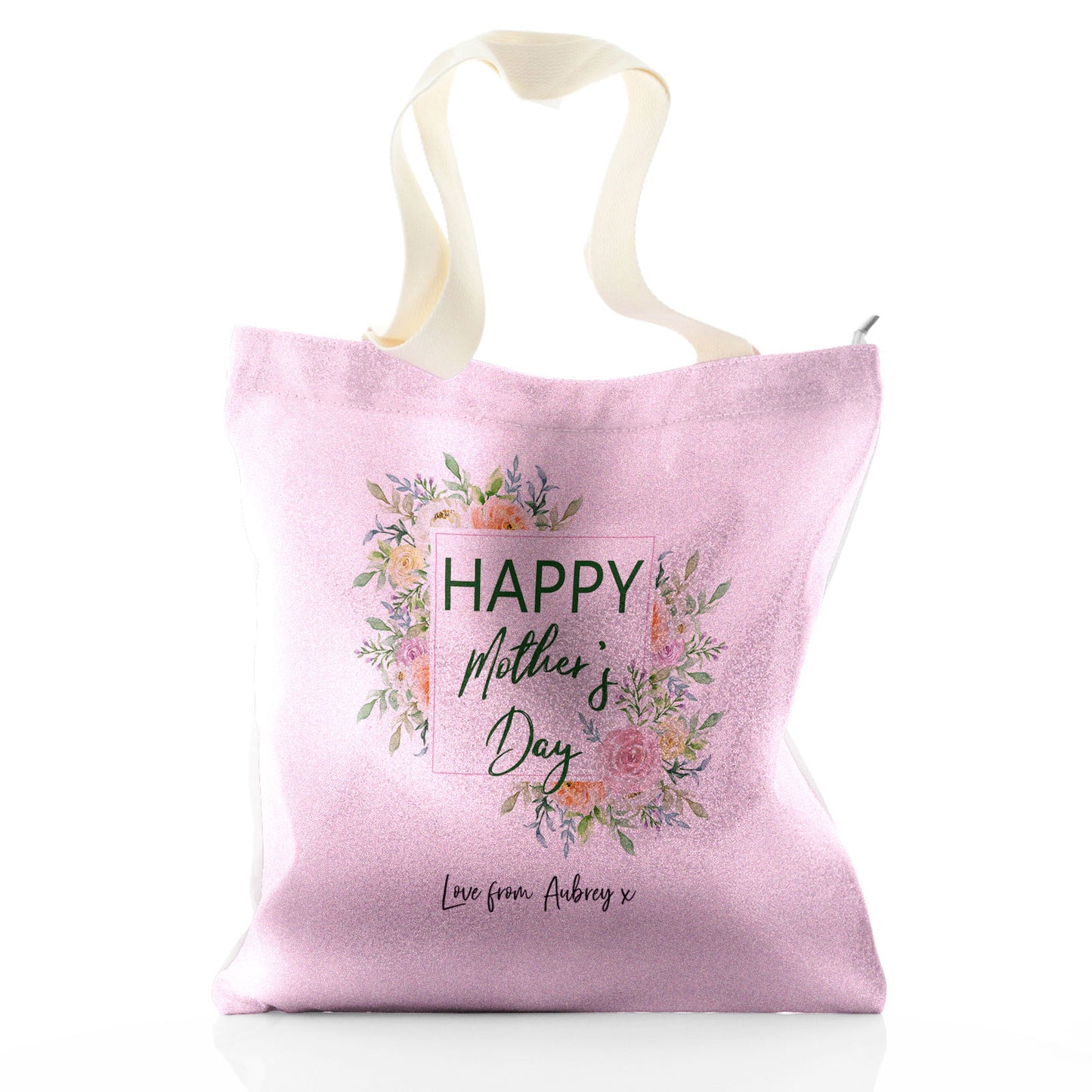 Personalisierte Glitzer-Einkaufstasche mit stilvollem Text und floraler Muttertagsbotschaft