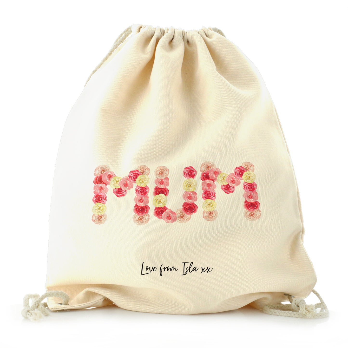 Personalised Canvas Drawstring Backpack with Stylish Text and Floral MUM