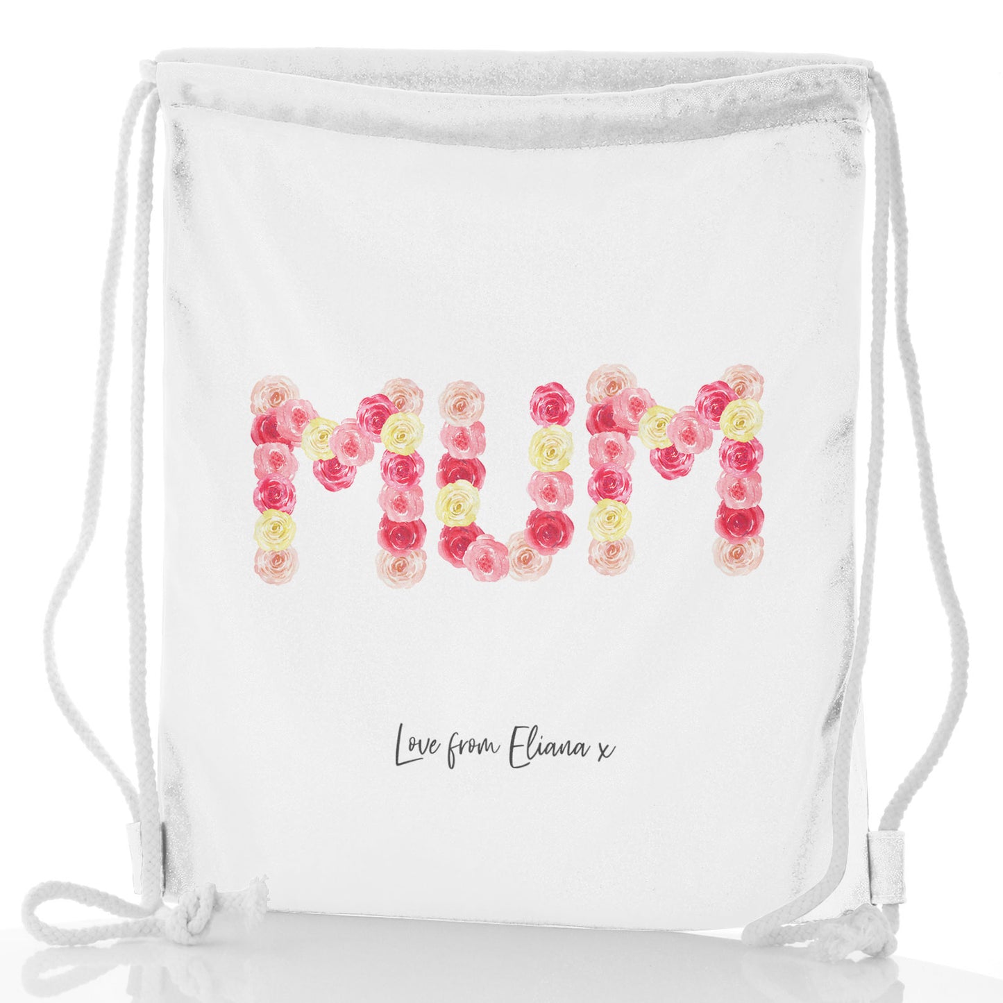 Personalised Glitter Drawstring Backpack with Stylish Text and Floral MUM