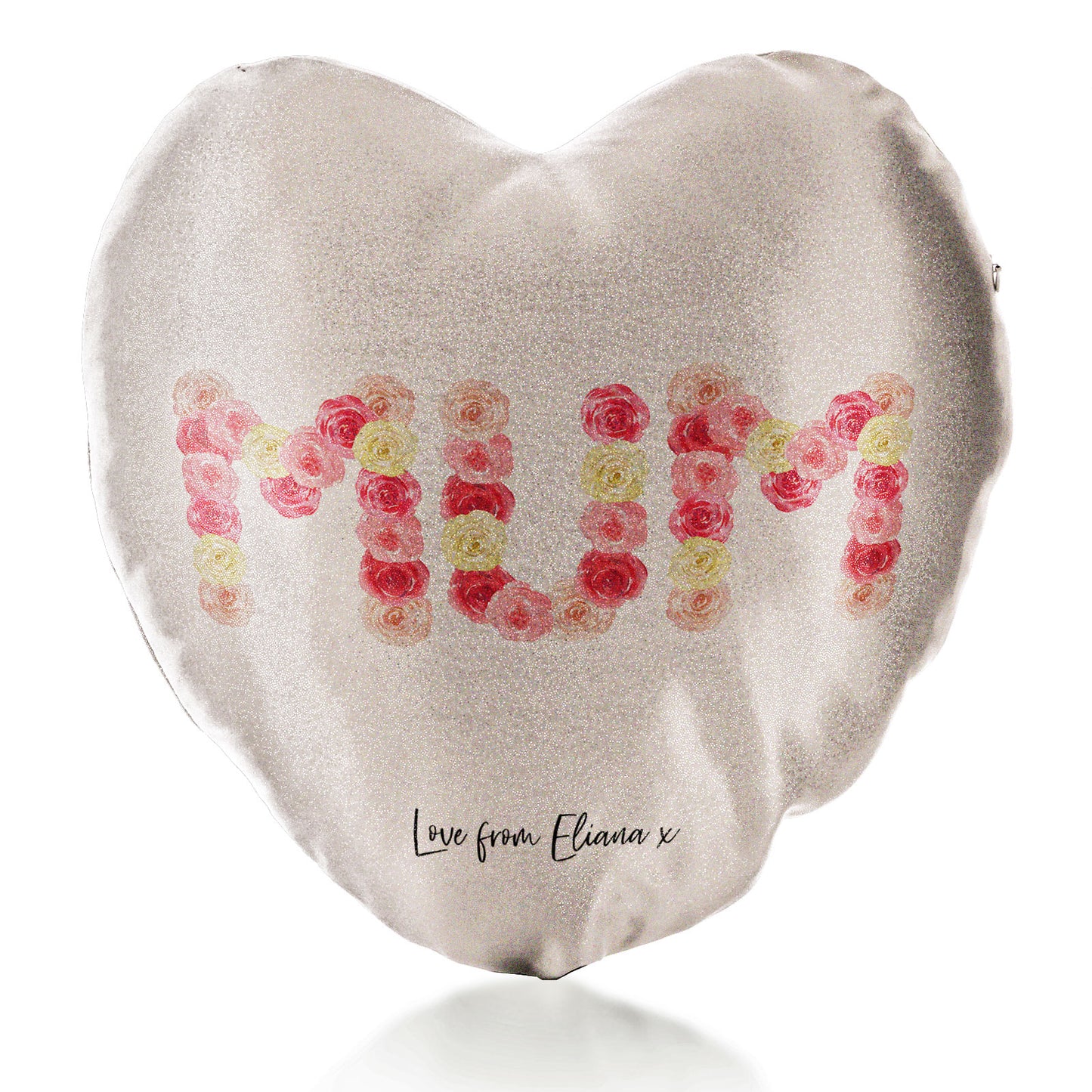 Personalised Glitter Heart Cushion with Stylish Text and Floral MUM