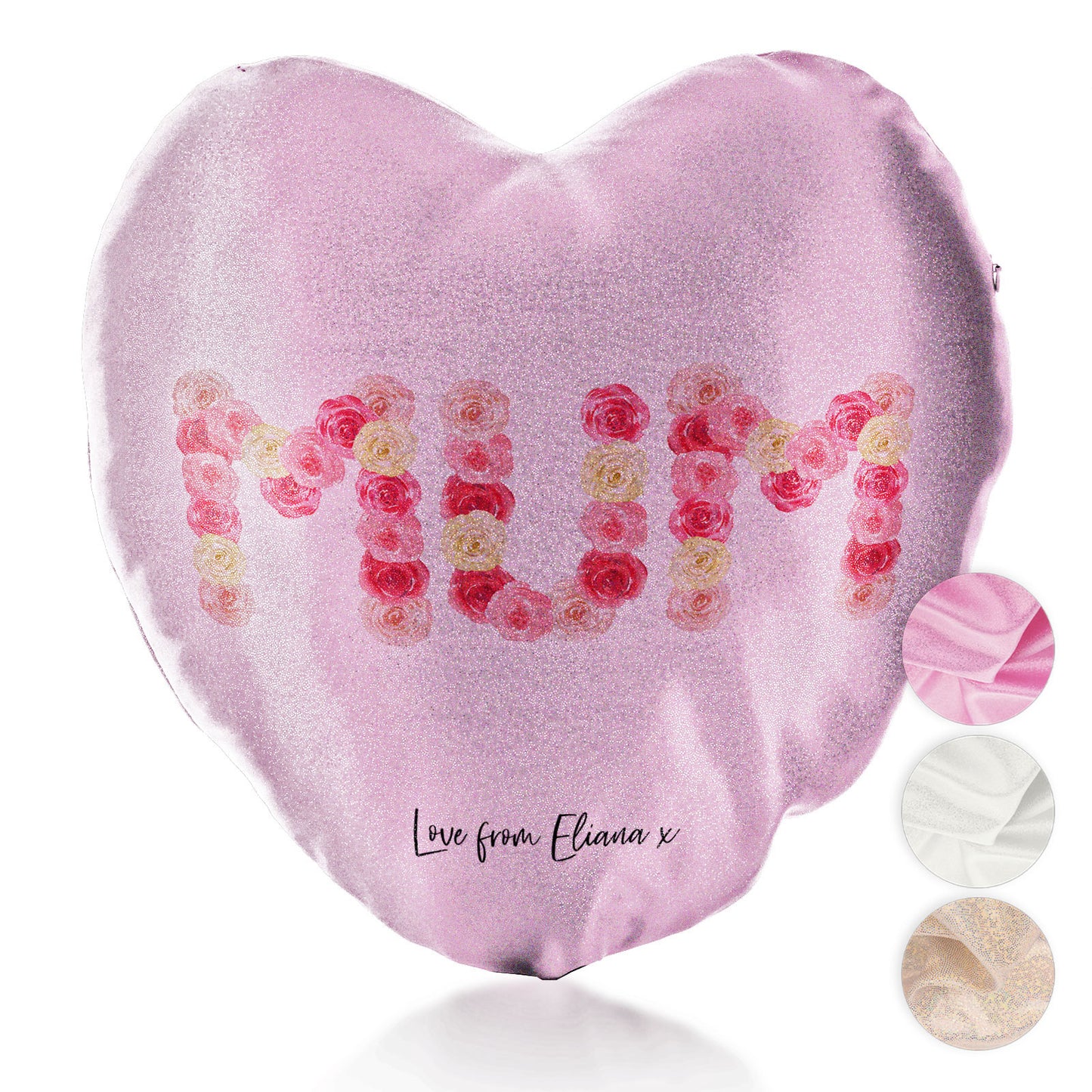 Personalised Glitter Heart Cushion with Stylish Text and Floral MUM