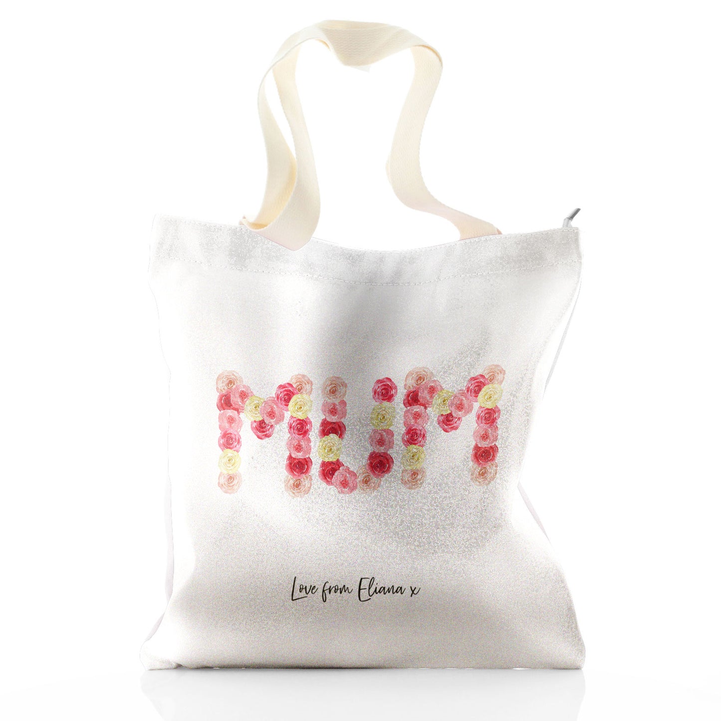 Personalisierte Glitzer-Einkaufstasche mit stilvollem Text und floraler Mama