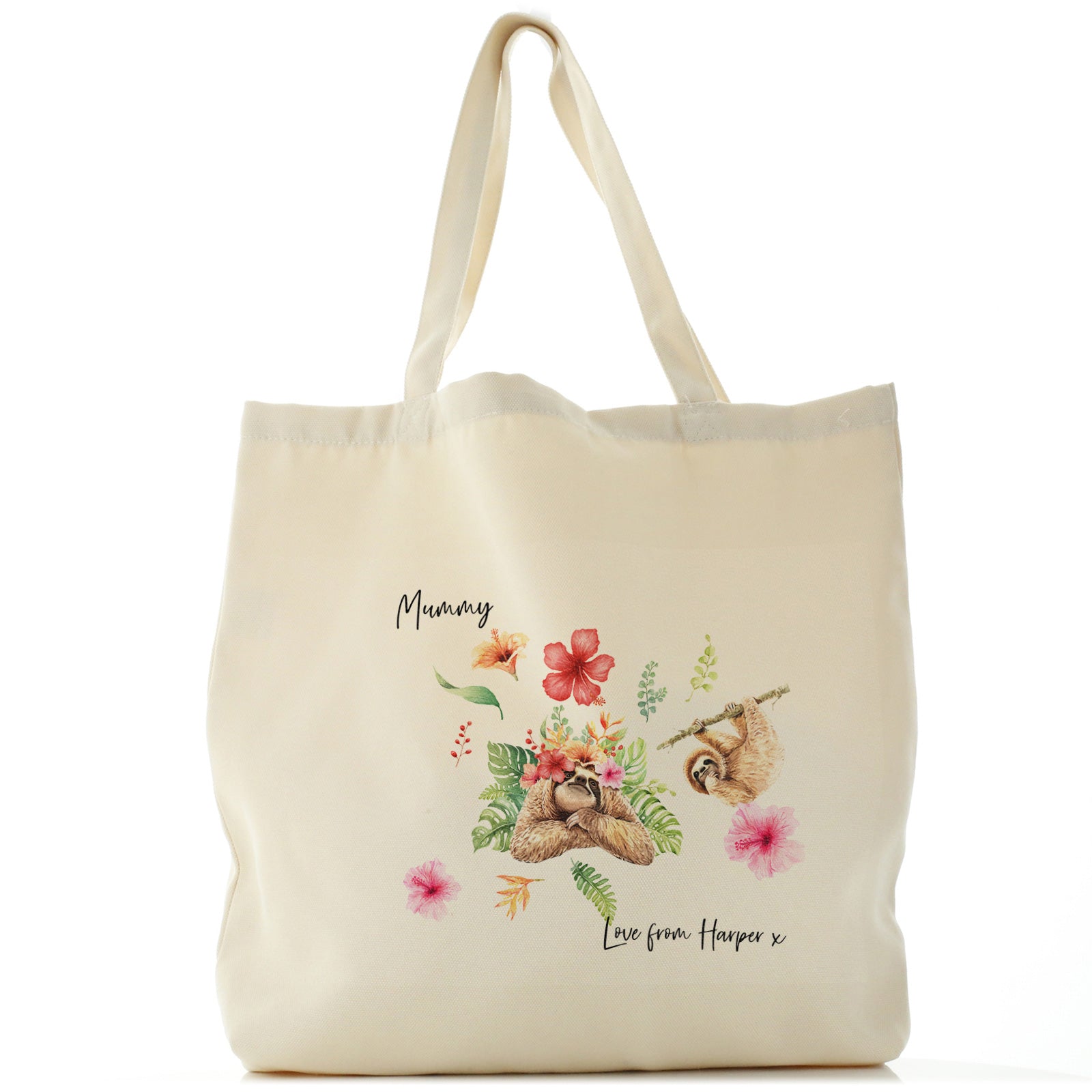 Personalised Canvas Tote Bag with Stylish Text and Floral Mum and Baby Sloths