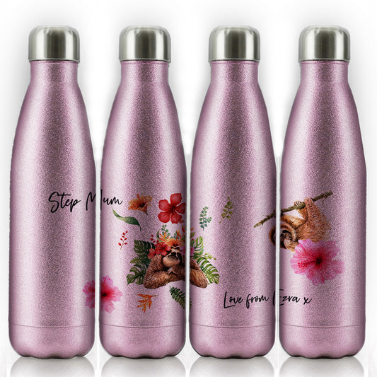 Personalised Cola Bottle with Stylish Text and Floral Mum and Baby Sloths