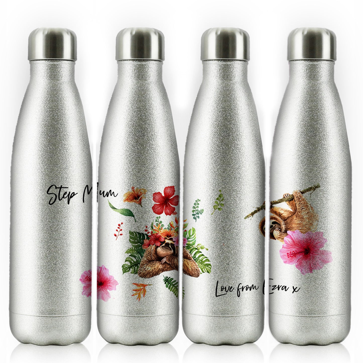 Personalisierte Cola-Flasche mit stilvollem Text und floralen Mama- und Babyfaultieren