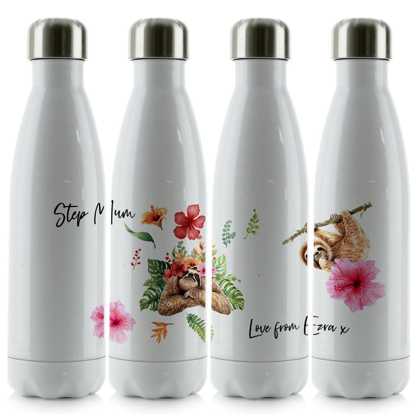 Personalisierte Cola-Flasche mit stilvollem Text und floralen Mama- und Babyfaultieren