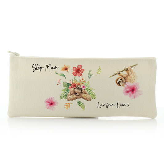 Personalised Canvas Zip Bag with Stylish Text and Floral Mum and Baby Sloths