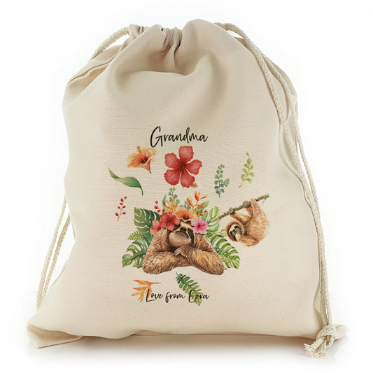 Personalised Canvas Sack with Stylish Text and Floral Mum and Baby Sloths