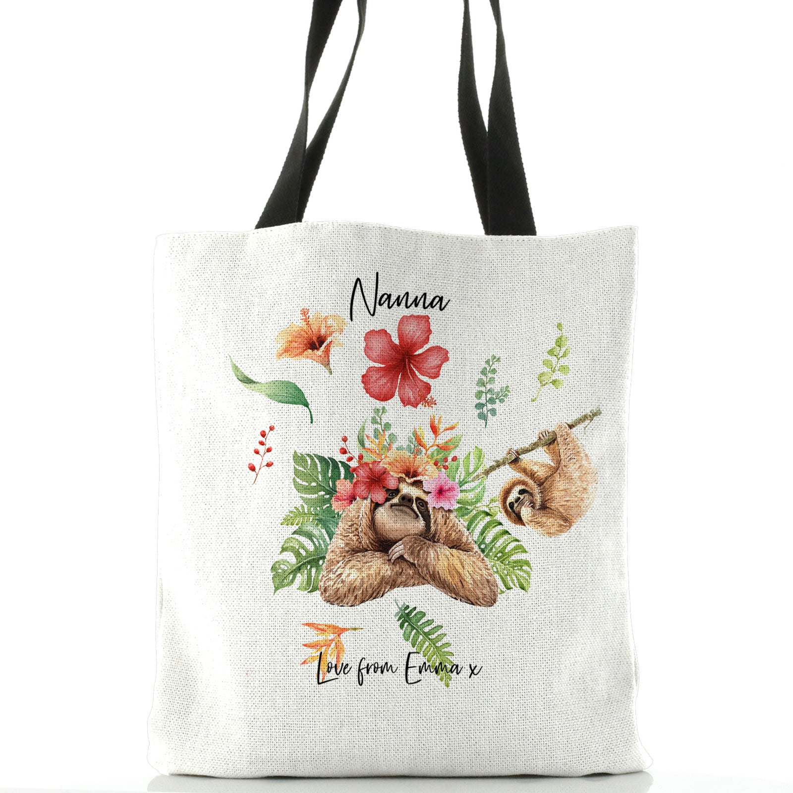 Personalised White Tote Bag with Stylish Text and Floral Mum and Baby Sloths