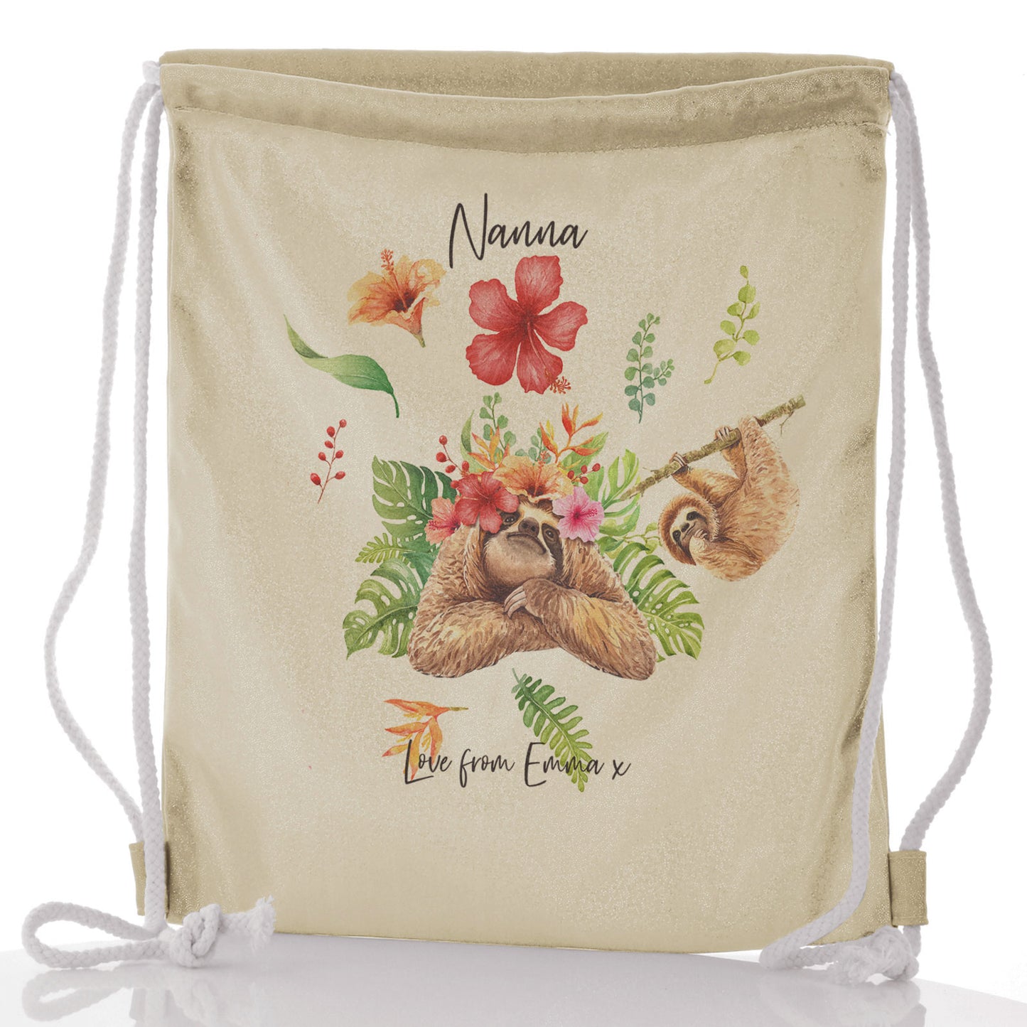 Personalisierter Glitzer-Rucksack mit Kordelzug, stilvollem Text und floralen Mama- und Babyfaultieren