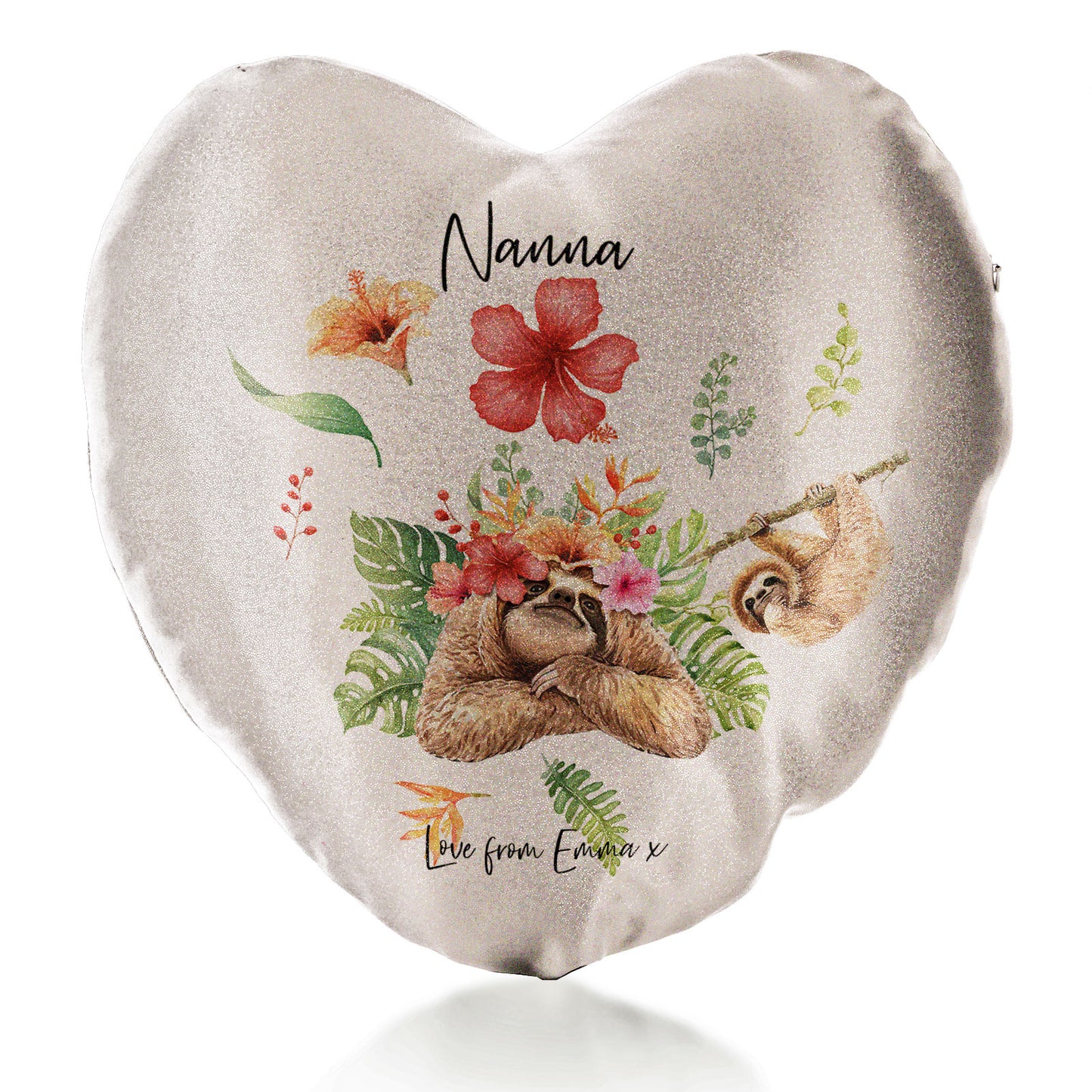 Personalisiertes Glitzer-Herzkissen mit stilvollem Text und floralen Mama- und Babyfaultieren