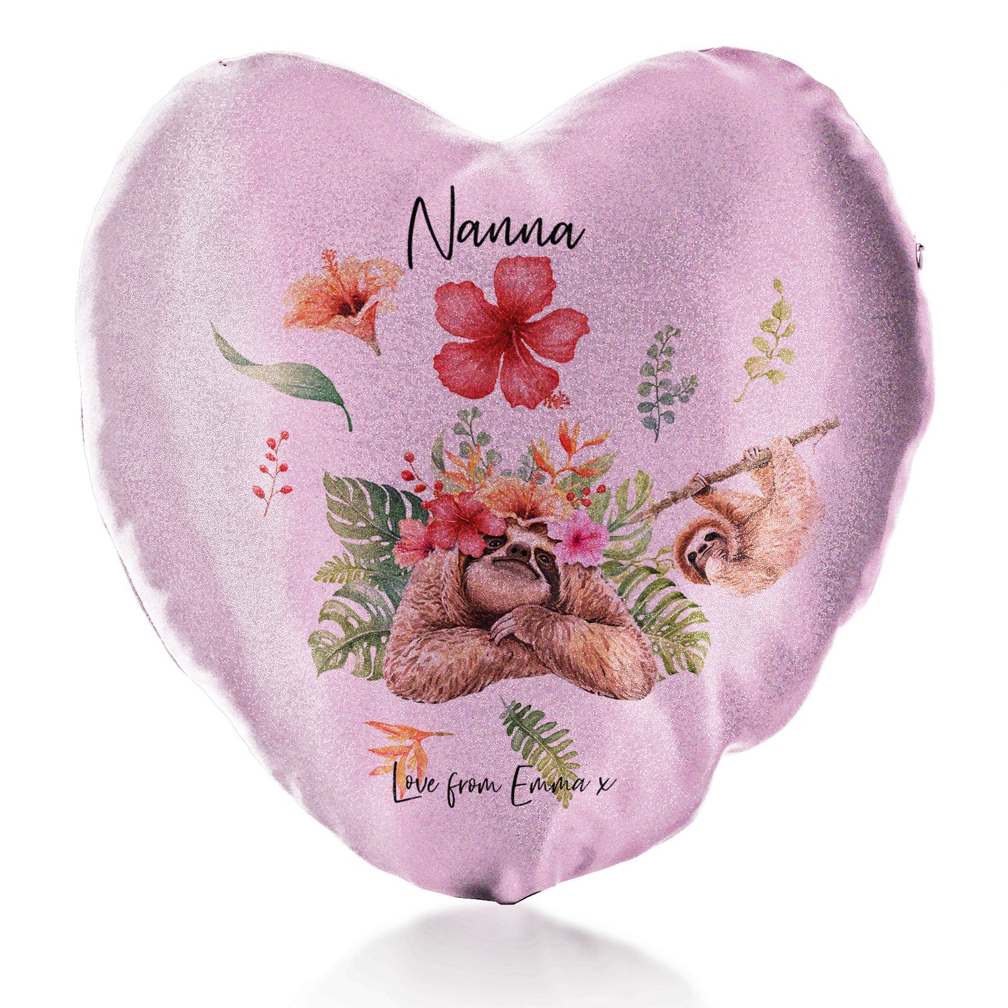 Personalisiertes Glitzer-Herzkissen mit stilvollem Text und floralen Mama- und Babyfaultieren