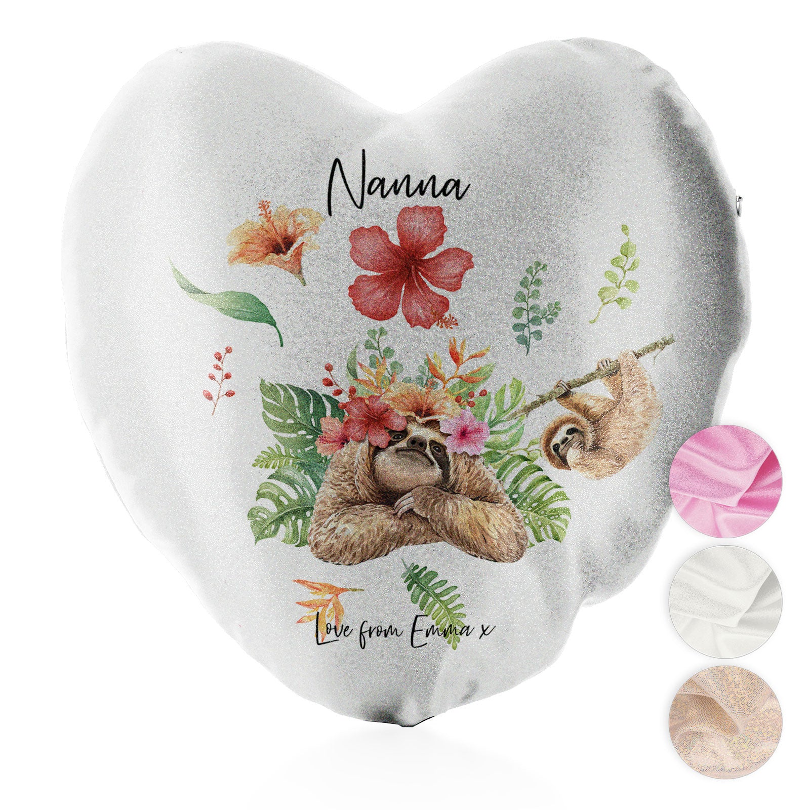 Personalised Glitter Heart Cushion with Stylish Text and Floral Mum and Baby Sloths