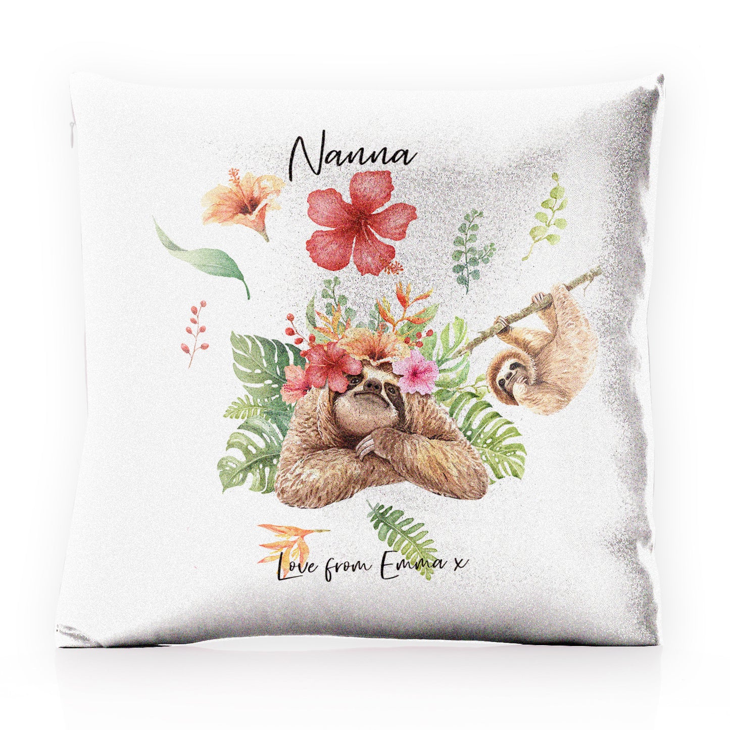 Personalised Glitter Cushion with Stylish Text and Floral Mum and Baby Sloths