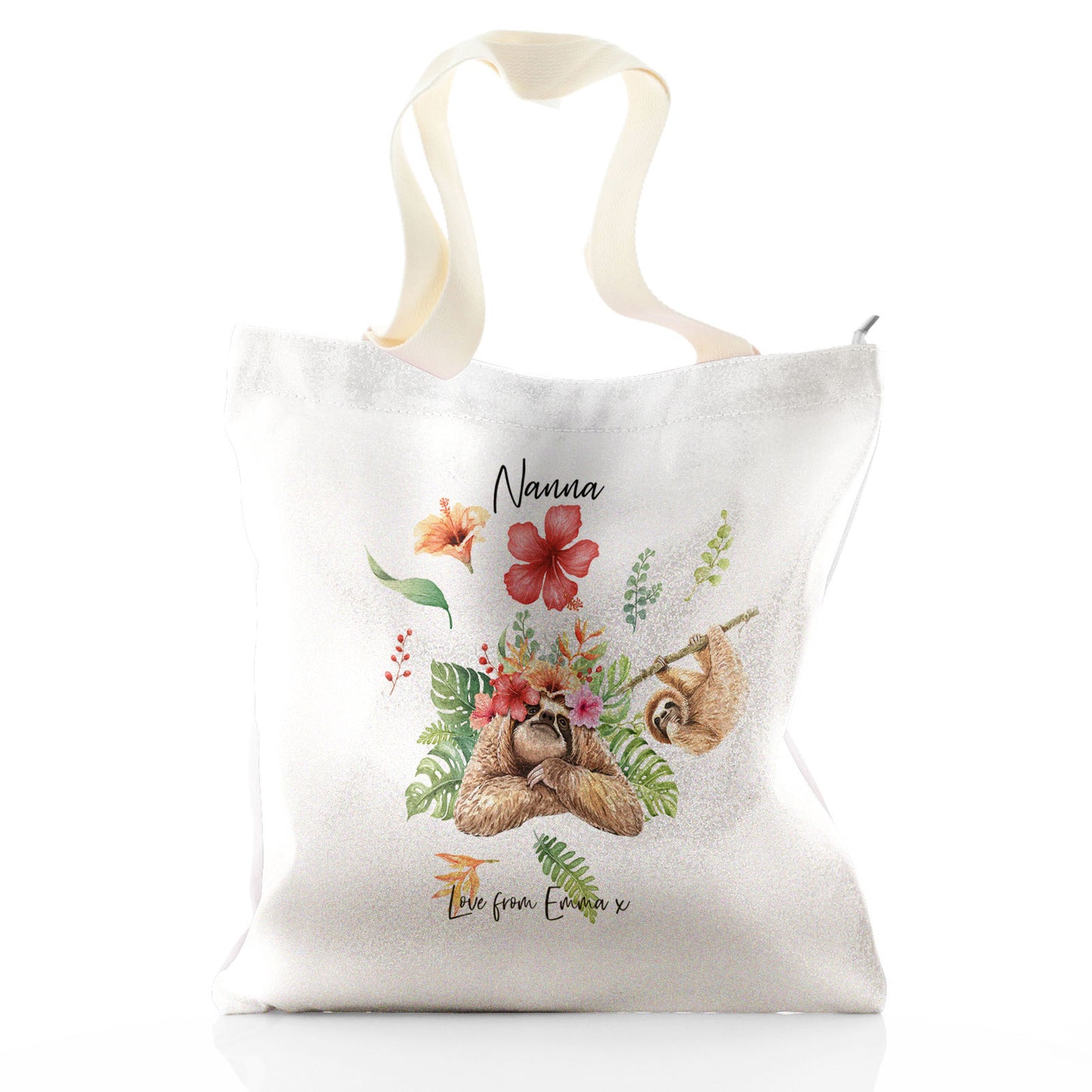Personalised Glitter Tote Bag with Stylish Text and Floral Mum and Baby Sloths