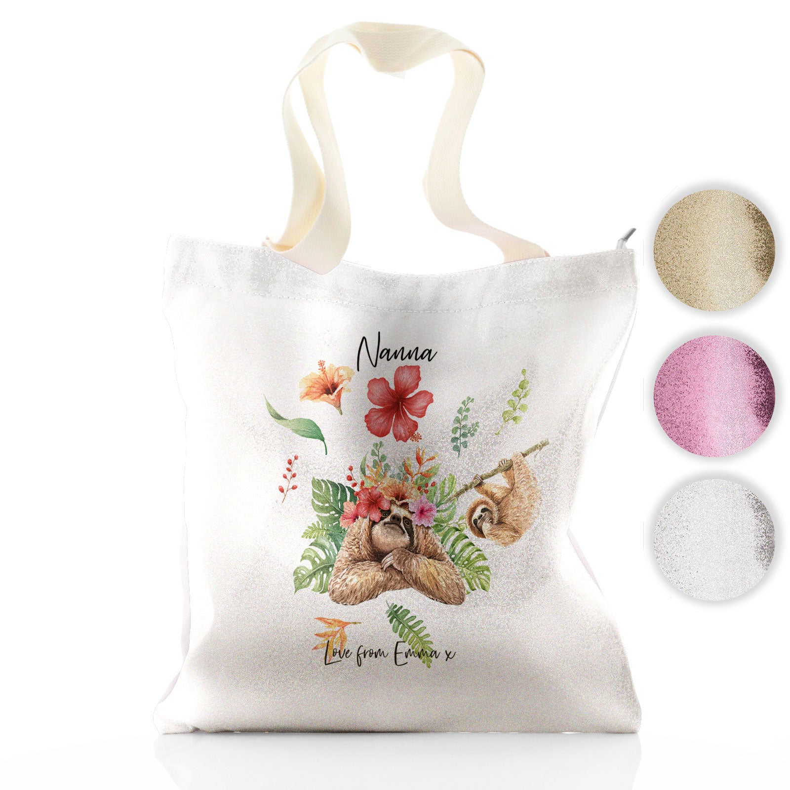 Personalised Glitter Tote Bag with Stylish Text and Floral Mum and Baby Sloths
