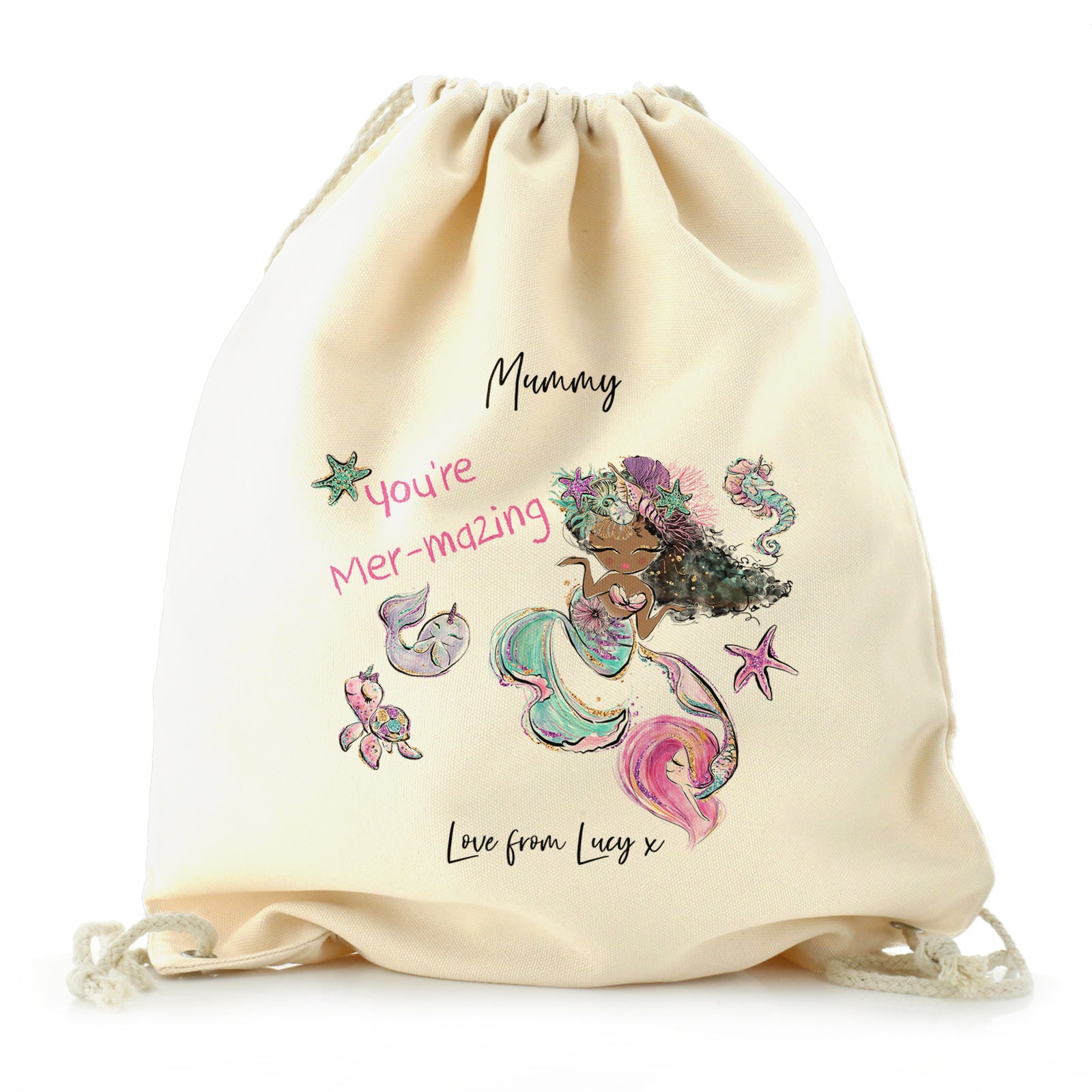 Personalised Canvas Drawstring Backpack with Stylish Text and Mermaid Love Message