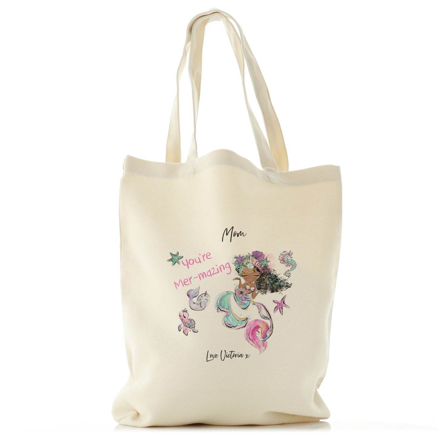 Personalised Canvas Tote Bag with Stylish Text and Mermaid Love Message