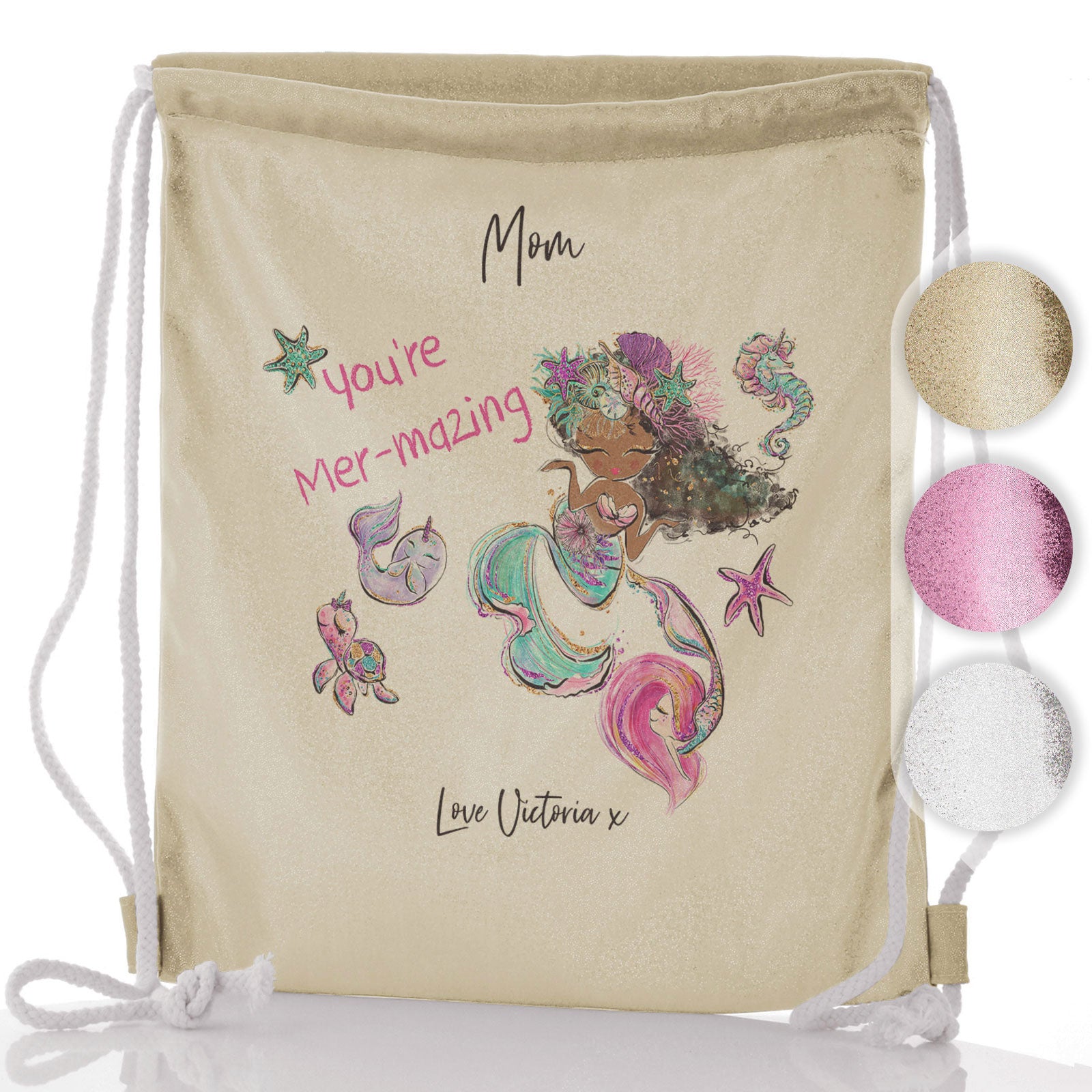 Personalised Glitter Drawstring Backpack with Stylish Text and Mermaid Love Message