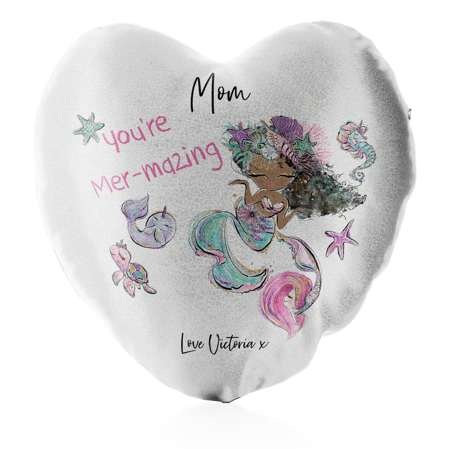 Personalised Glitter Heart Cushion with Stylish Text and Mermaid Love Message