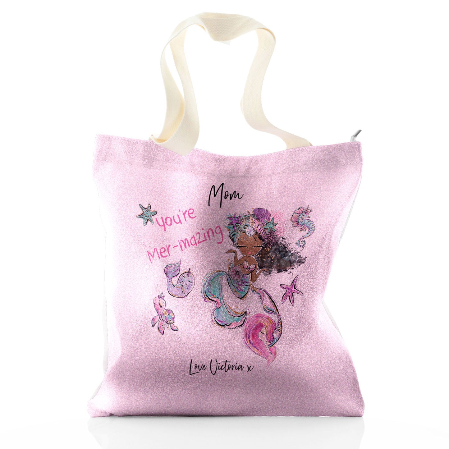 Personalised Glitter Tote Bag with Stylish Text and Mermaid Love Message