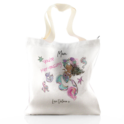 Personalisierte Glitzer-Einkaufstasche mit stilvollem Text und Meerjungfrau-Liebesbotschaft