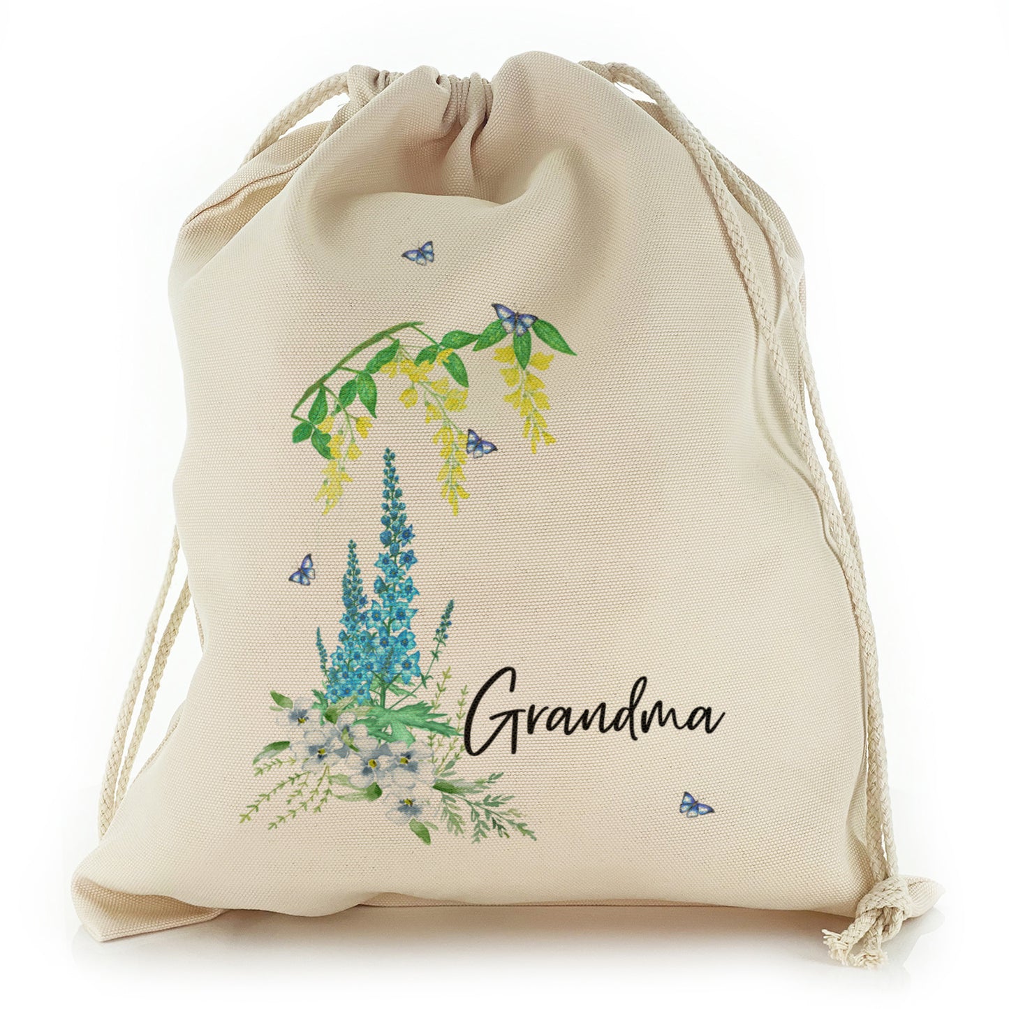 Personalised Canvas Sack with Stylish Text and Beautiful Garden Flowers Print
