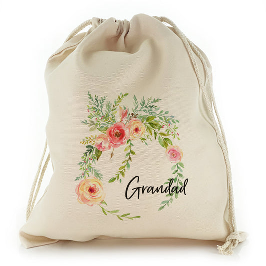 Personalised Canvas Sack with Stylish Text and Pink Flower Wreath Print