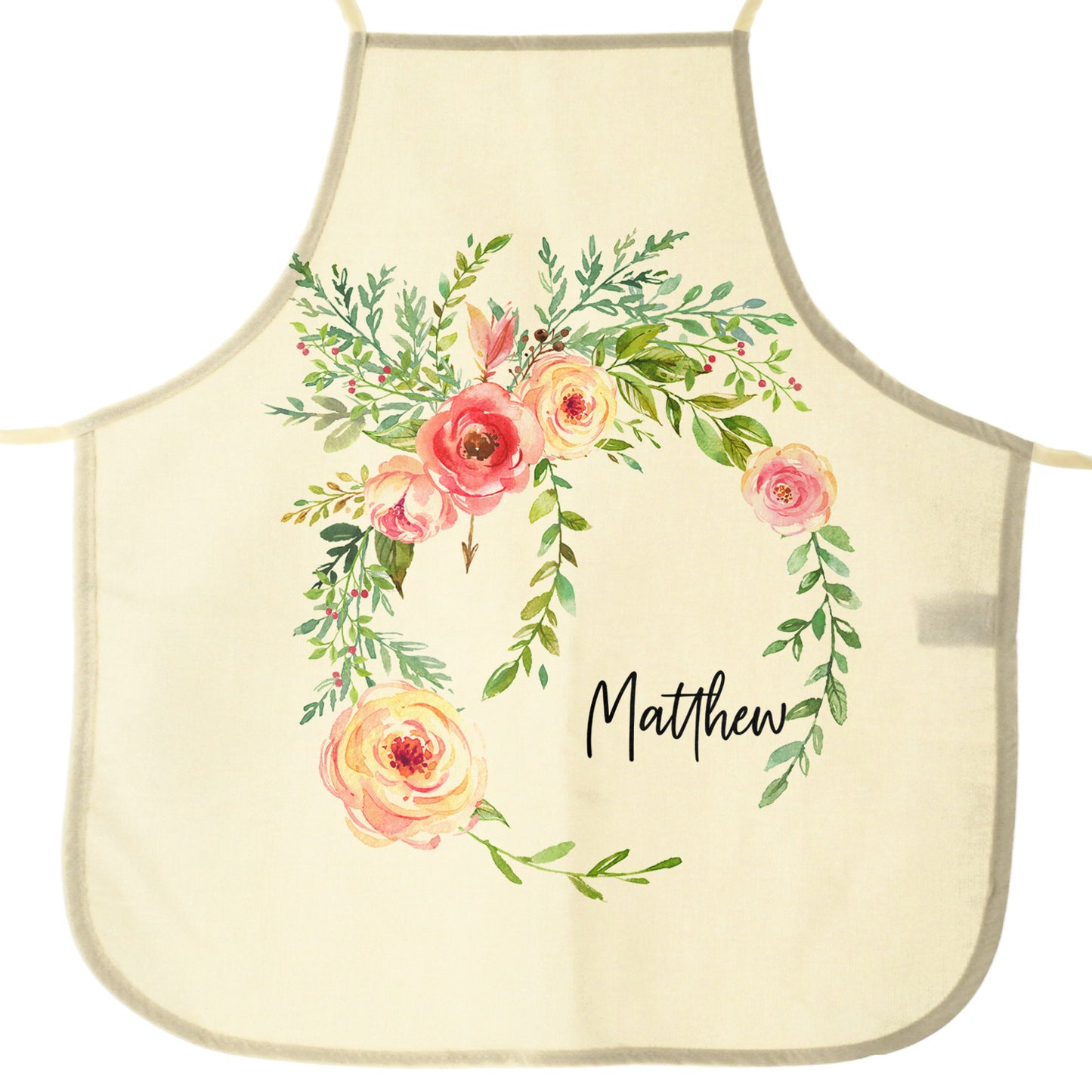 Personalised Apron with Stylish Text and Pink Flower Wreath Print