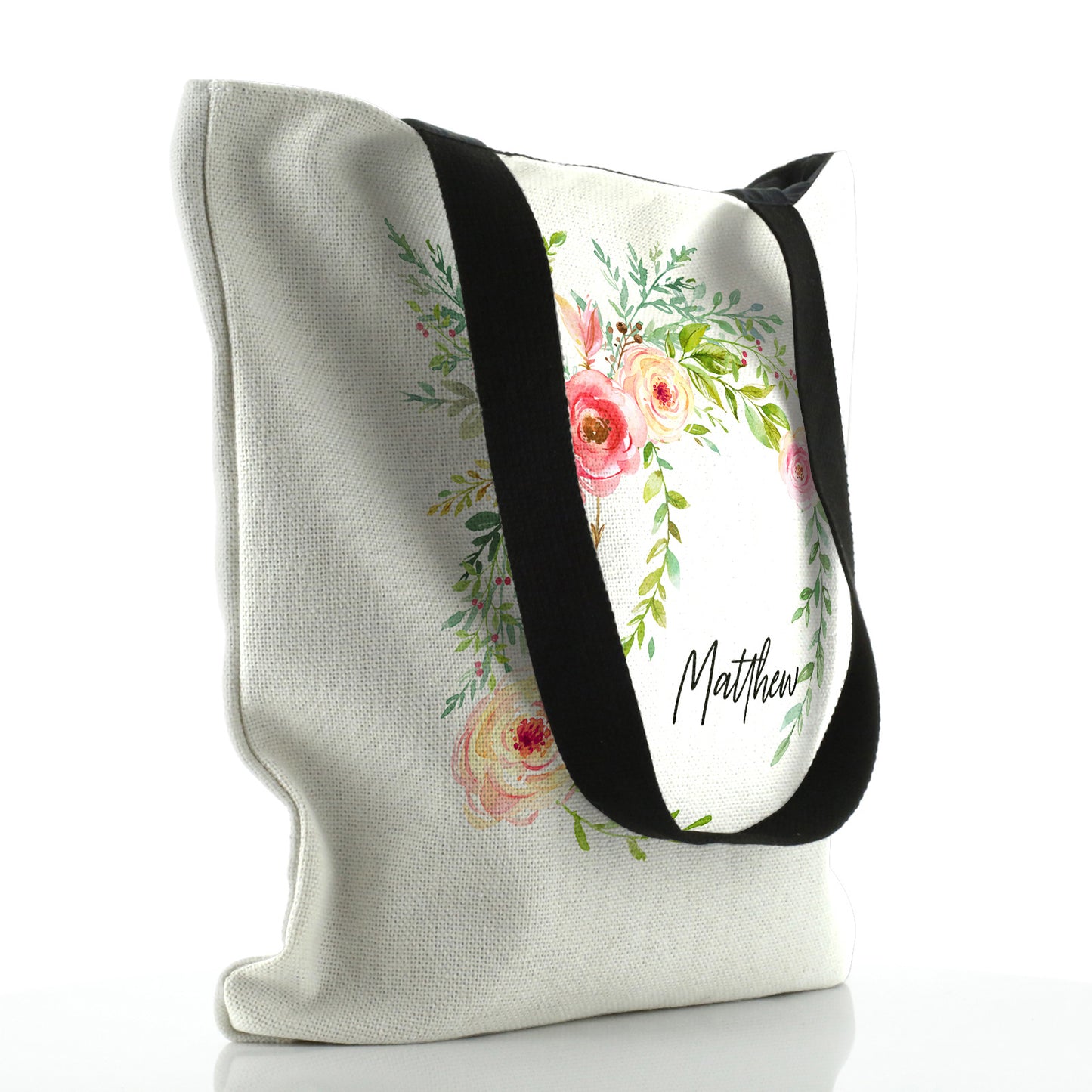 Personalised White Tote Bag with Stylish Text and Pink Flower Wreath Print
