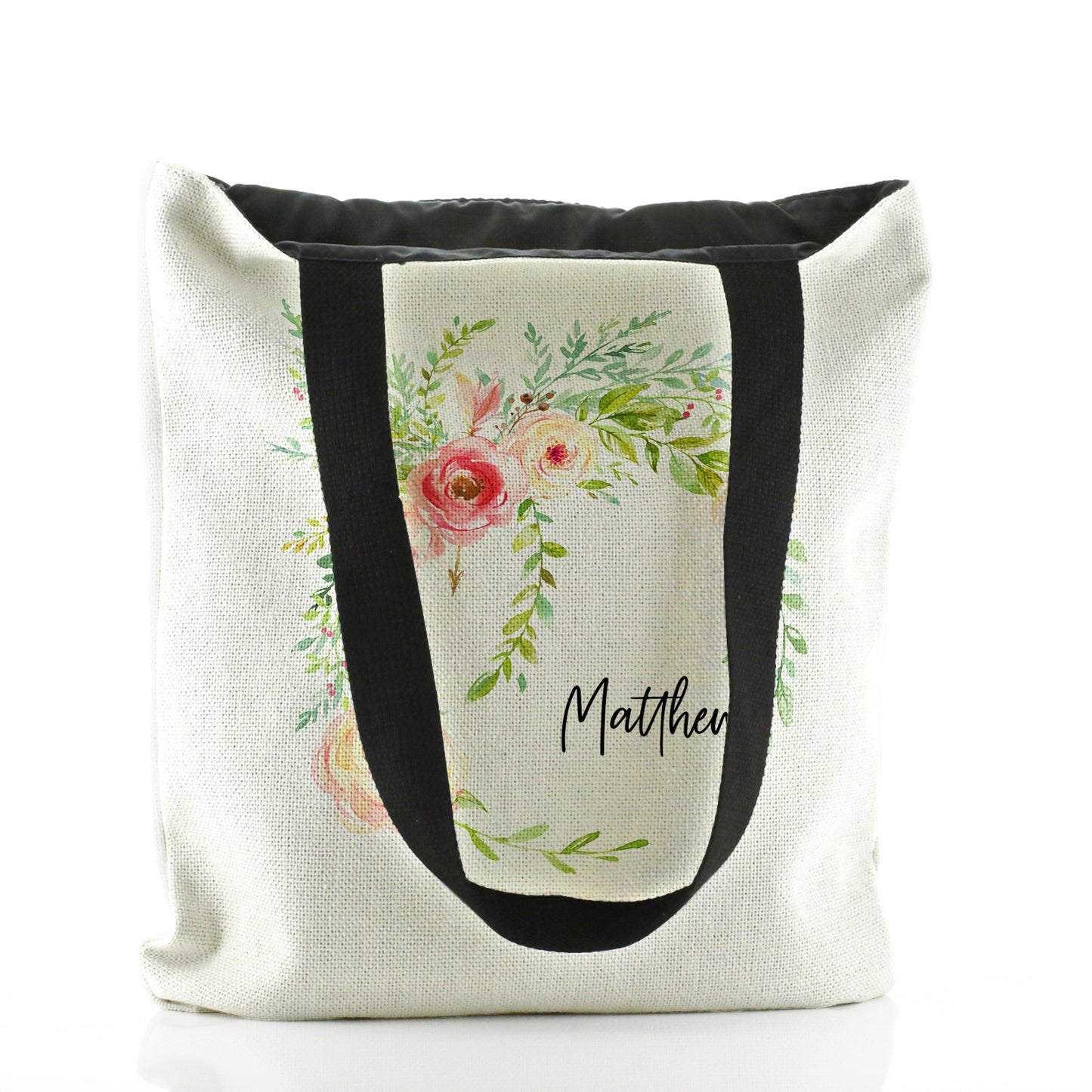 Personalised White Tote Bag with Stylish Text and Pink Flower Wreath Print