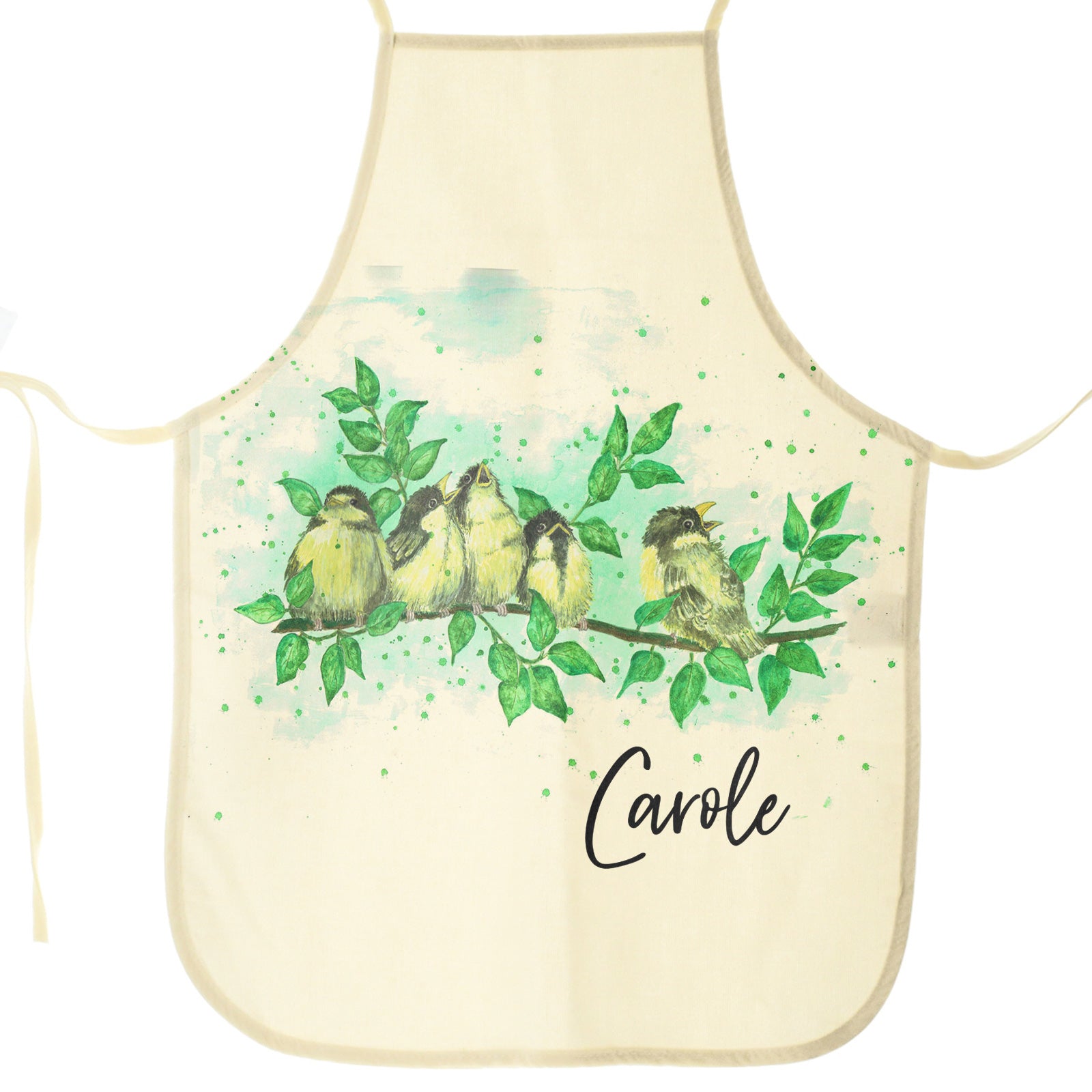 Personalised Apron with Stylish Text and Singing Branch Birds Print
