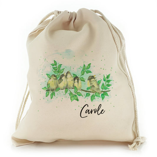 Personalised Canvas Sack with Stylish Text and Singing Branch Birds Print