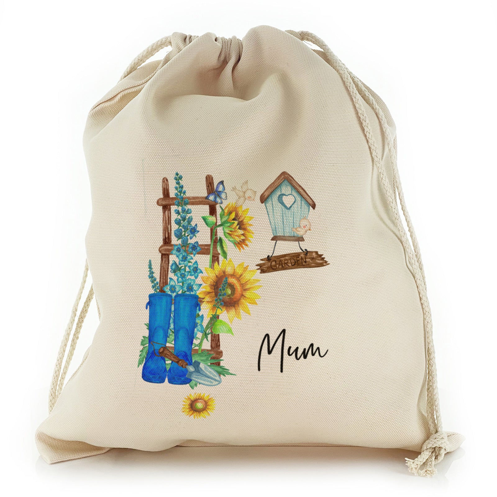 Personalised Canvas Sack with Stylish Text and Gardeners Birdbox Print