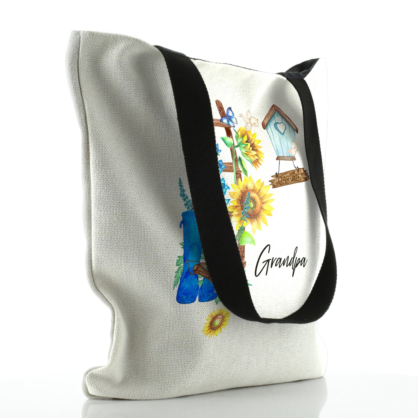 Personalised White Tote Bag with Stylish Text and Gardeners Birdbox Print