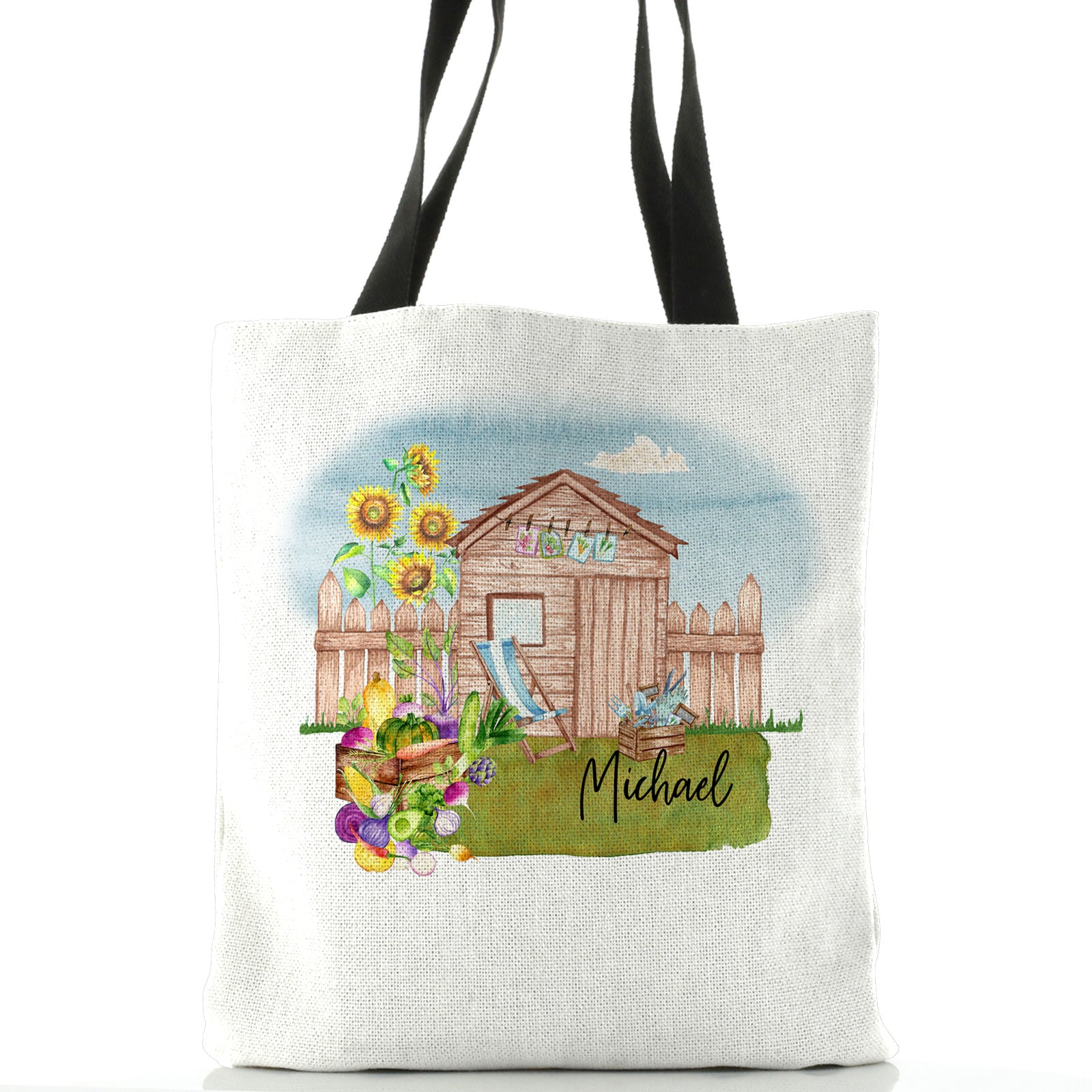 Personalised White Tote Bag with Stylish Text and Gardeners Shed Print