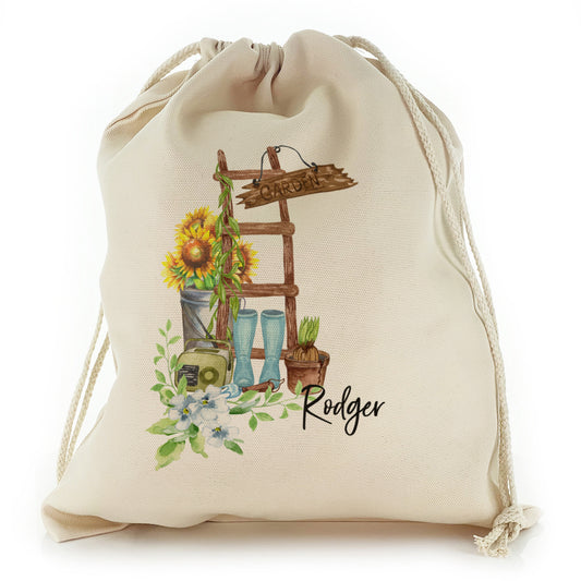 Personalised Canvas Sack with Stylish Text and Sunflower Ladder Print