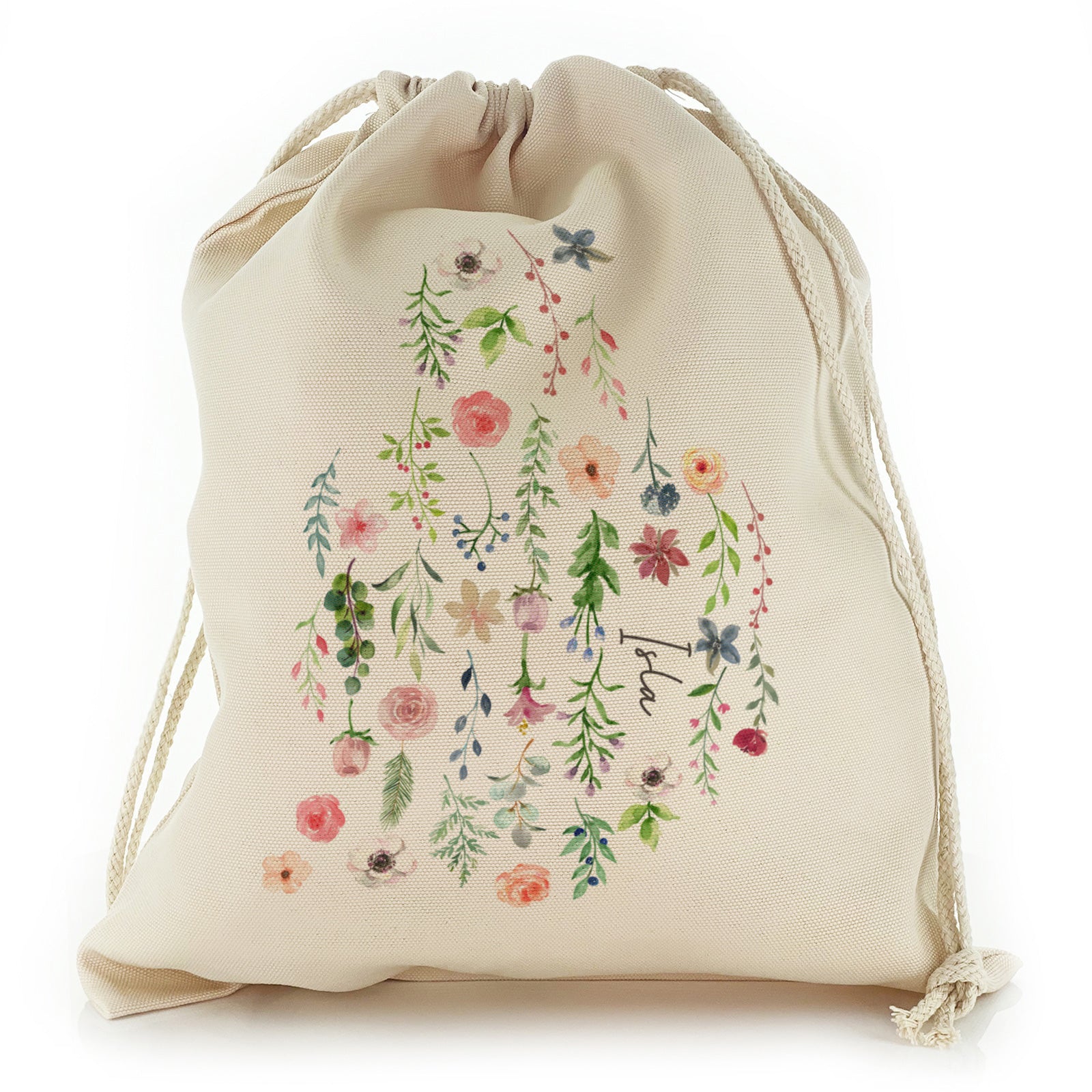 Personalised Canvas Sack with Stylish Text and Pink Flowers Floral Print